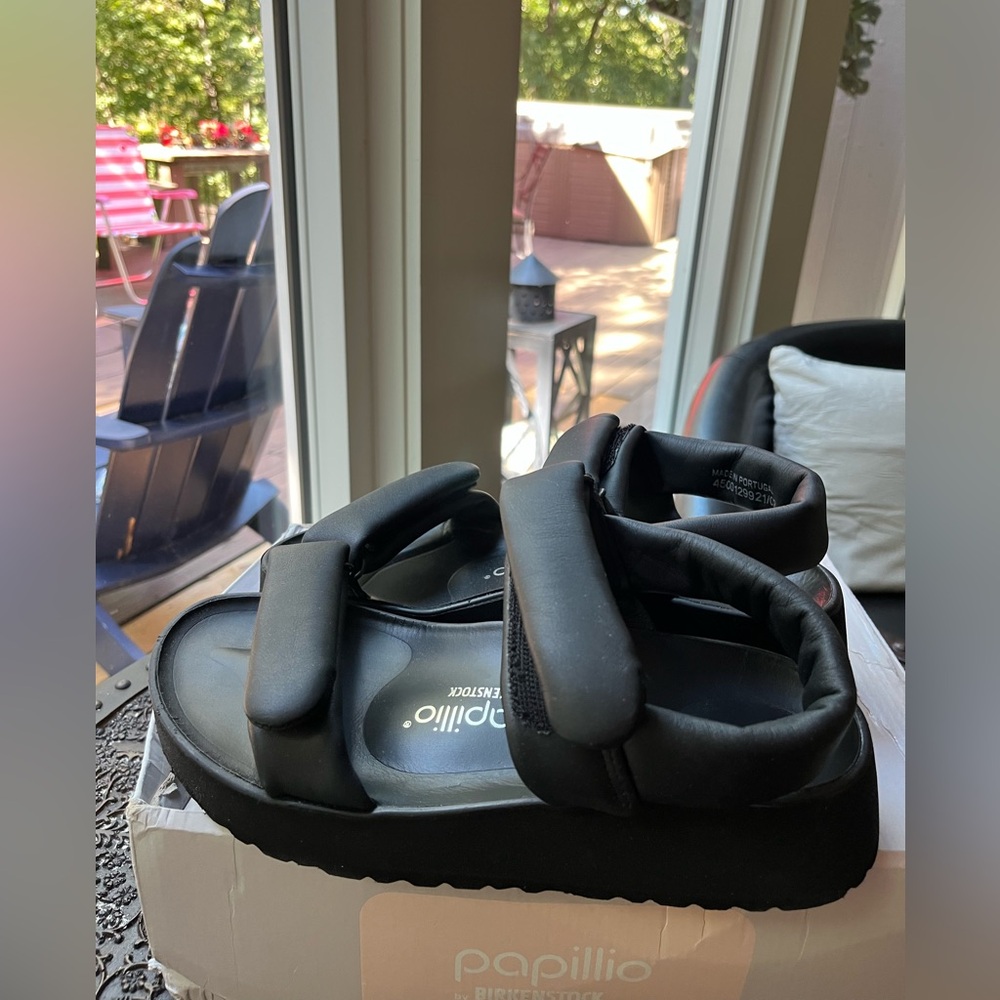 BIRKENSTOCK PAPILLIO THEDA LEATHER PLATFORM SANDALS BLACK 39 EU 8 US - Picture 8 of 11